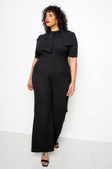 buxom couture curvy women plus size puff shoulder jumpsuit with bow detail black classic