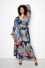 buxom couture curvy women plus size animal wrapped top and palazzo pants set blue red animal