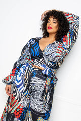 buxom couture curvy women plus size animal wrapped top and palazzo pants set blue red animal