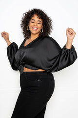 buxom couture curvy women plus size tie front cropped top balloon sleeve satin blouse black