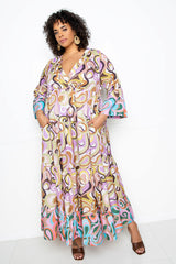 buxom couture curvy women plus size printed tiered maxi dress with contrast hem pink blue
