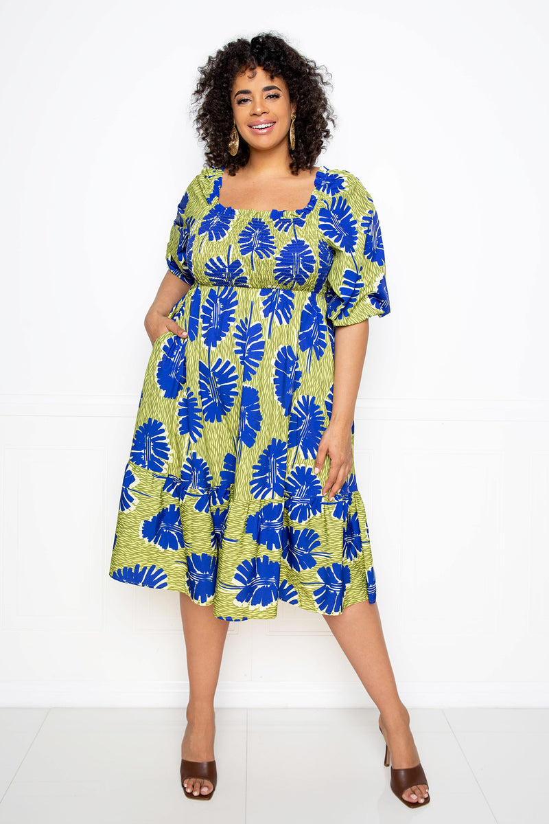 buxom couture curvy women plus size printed smocked puff sleeve dress sage green blue