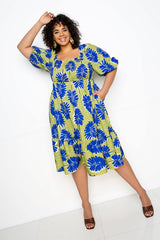 buxom couture curvy women plus size printed smocked puff sleeve dress sage green blue