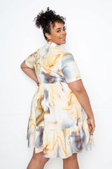 buxom couture curvy women plus size printed tiered shirt mini dress yellow marble spring
