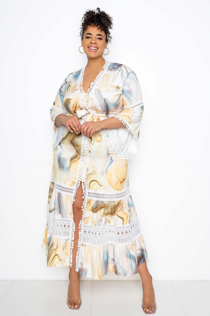buxom couture curvy women plus size long print dress with lace insert yellow marble