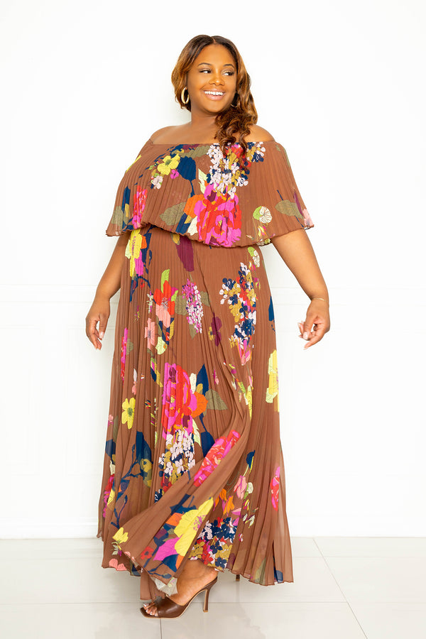 buxom couture curvy women plus size floral pleated maxi dress brown fall