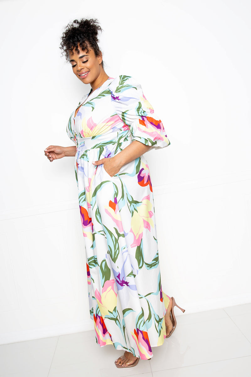 buxom couture curvy women plus size floral puff sleeve button up dress white maxi spring