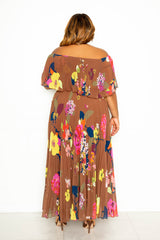 buxom couture curvy women plus size floral pleated maxi dress brown fall