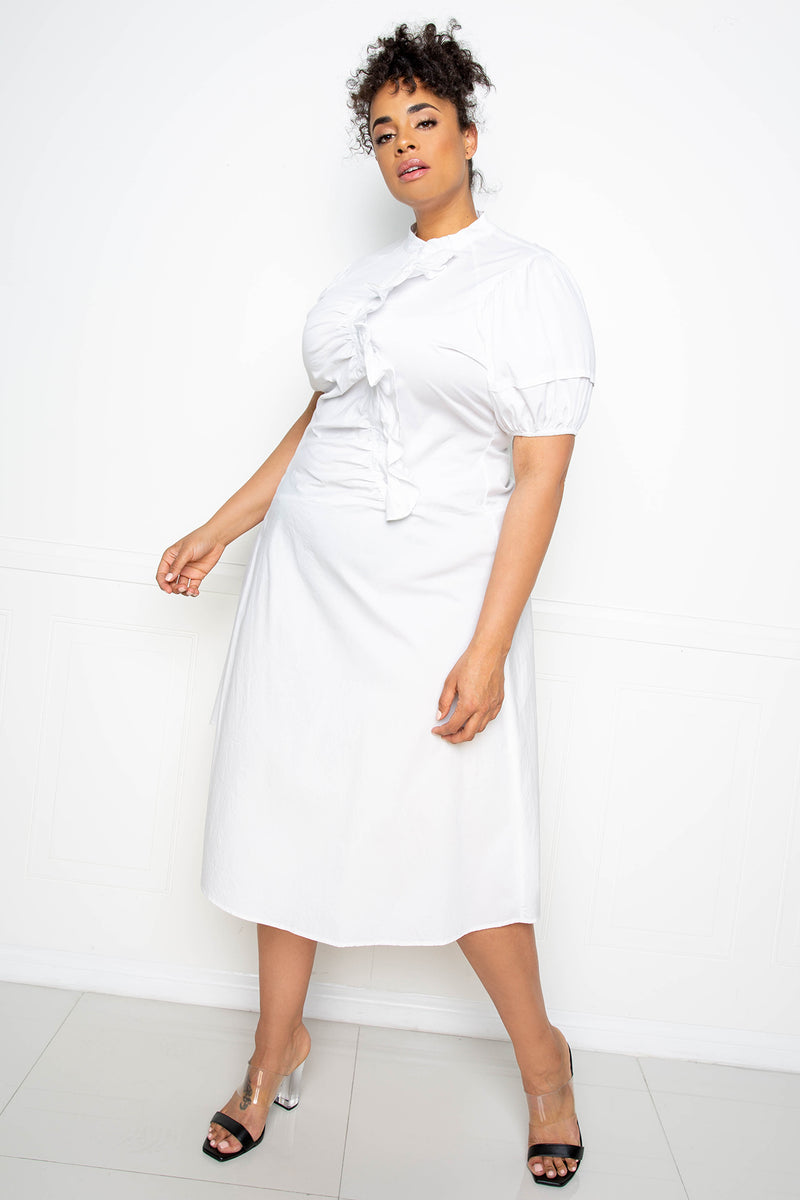buxom couture curvy women plus size asymmetrical ruffle shirt dress white