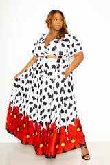 buxom couture curvy women plus size animal floral cropped top and maxi skirt set leopard black and white floral red