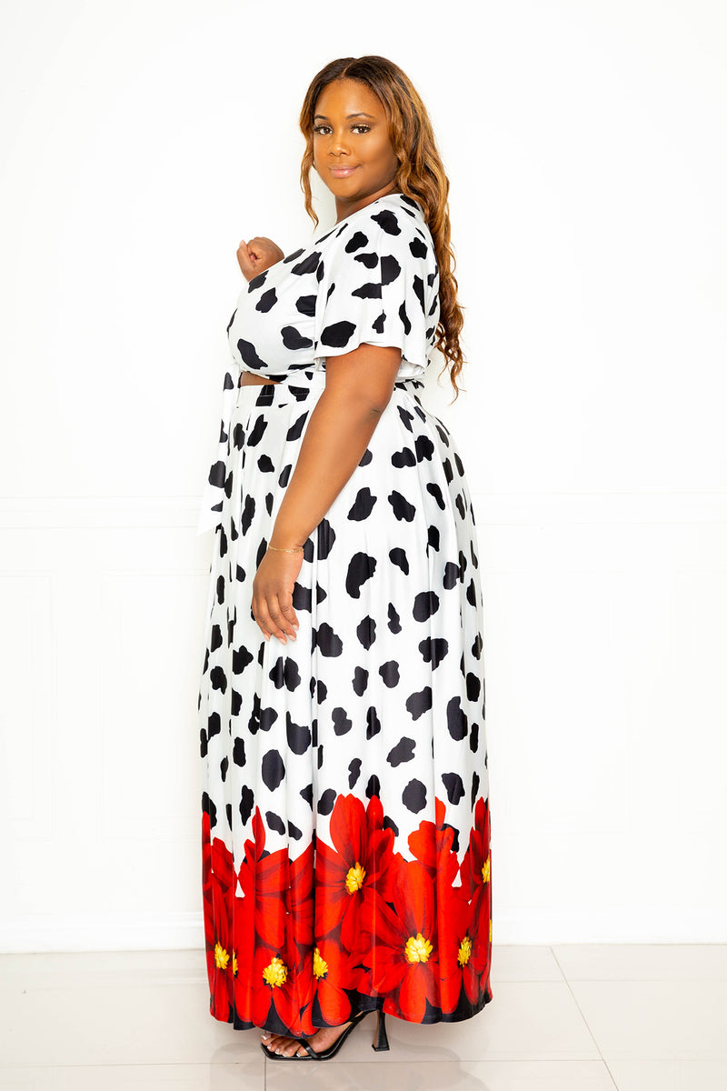 buxom couture curvy women plus size animal floral cropped top and maxi skirt set leopard black and white floral red