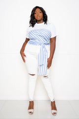 buxom couture curvy women plus size stripe corset tie front layered top blue stripe white