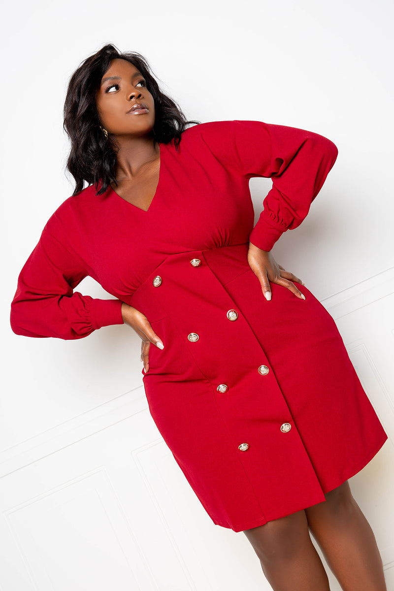 buxom couture curvy women plus size double breasted mini dress red burgundy valentine