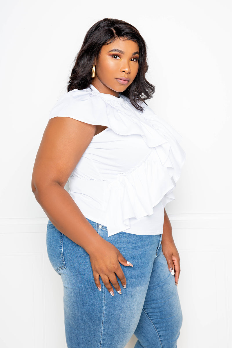 buxom couture curvy women plus size cross over ruffle top white