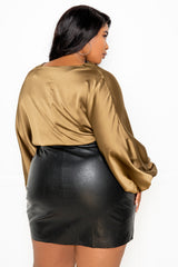 buxom couture curvy women plus size tie front cropped top balloon sleeve satin blouse olive green
