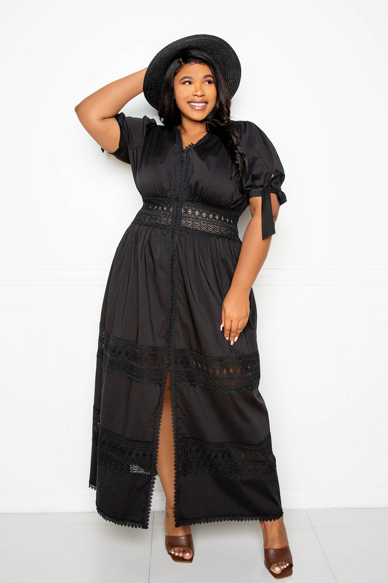 buxom couture curvy women plus size puffed sleeve embroidered maxi dress boho black