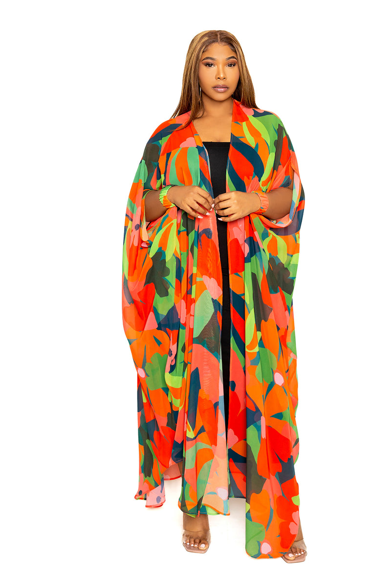 buxom couture curvy women plus size floral robe with wrist band multi resort summer