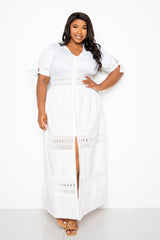 buxom couture curvy women plus size puffed sleeve embroidered maxi dress white