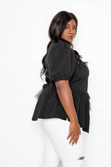 buxom couture curvy women plus size asymmetrical mesh peplum top black