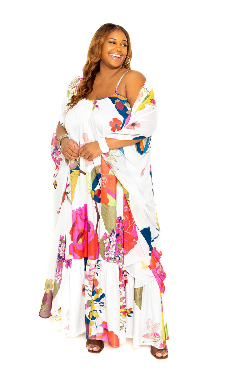 buxom couture curvy women plus size floral print robe with wrist band white resort summer