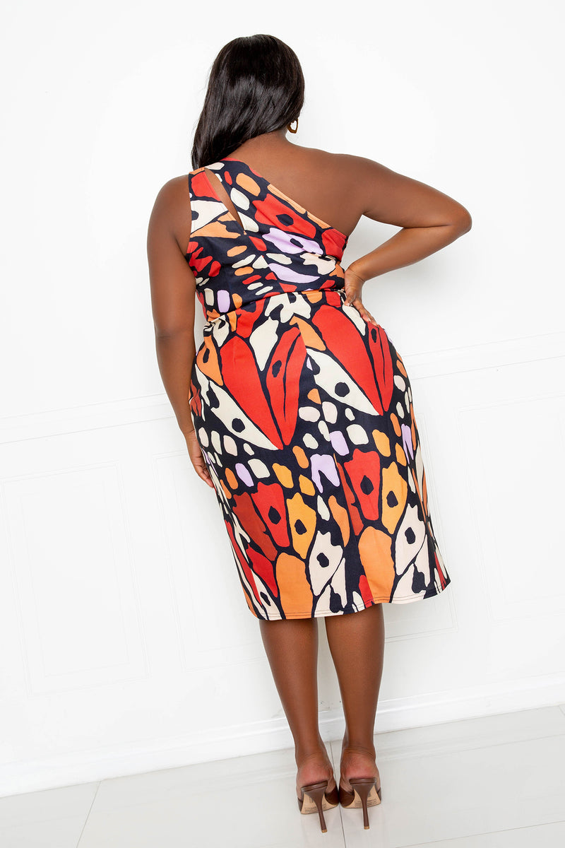 buxom couture curvy women plus size printed one shoulder mini dress butterfly print