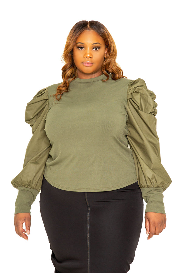 buxom couture curvy women plus size ribbed top with ruched sleeves olive green