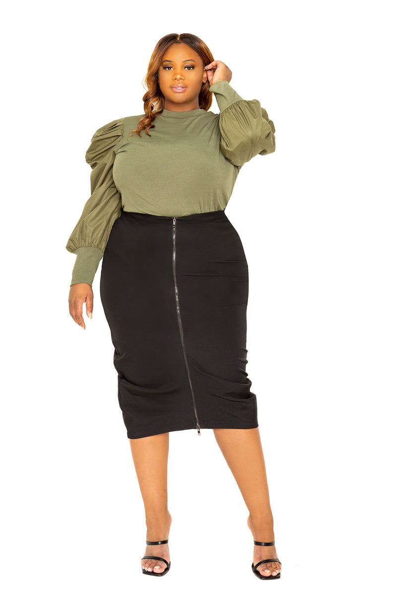 buxom couture curvy women plus size ribbed top with ruched sleeves olive green