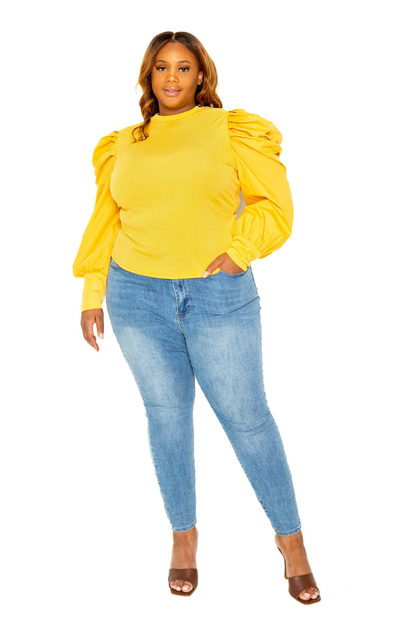 buxom couture curvy women plus size ribbed top with ruched sleeves mustard yellow