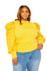 buxom couture curvy women plus size ribbed top with ruched sleeves mustard yellow