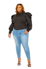 buxom couture curvy women plus size ribbed top with ruched sleeves black