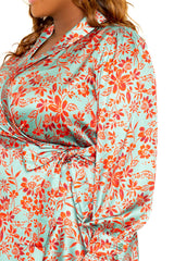 buxom couture curvy women plus size floral satin wrapped dress mint green floral holiday red