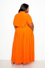 buxom couture curvy women plus size pleated cropped top and skirt set orange vivid