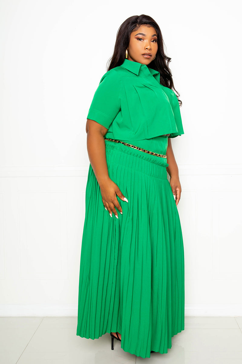 buxom couture curvy women plus size pleated cropped top and maxi skirt set kelly green