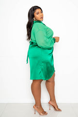 buxom couture curvy women plus size silky shirt and satin skirt set green