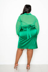 buxom couture curvy women plus size silky shirt and satin skirt set green
