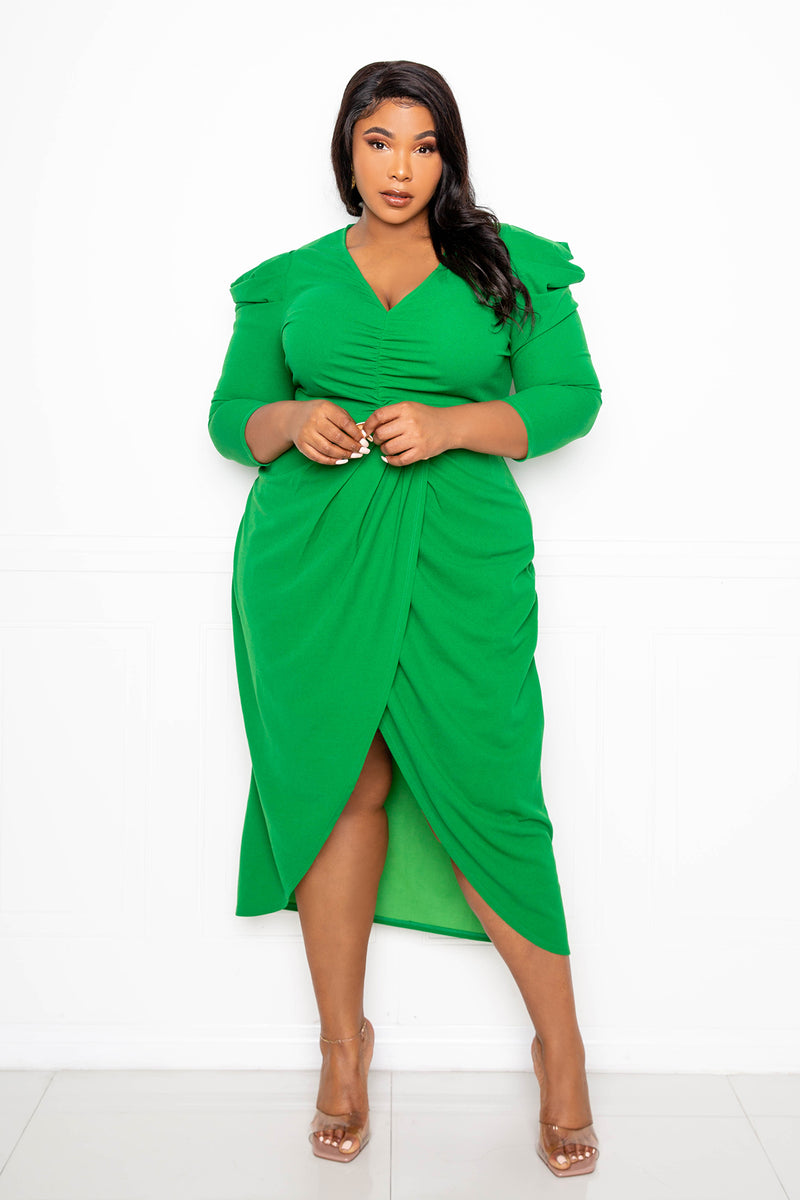buxom couture wrapped dress with shoulder accent green midi