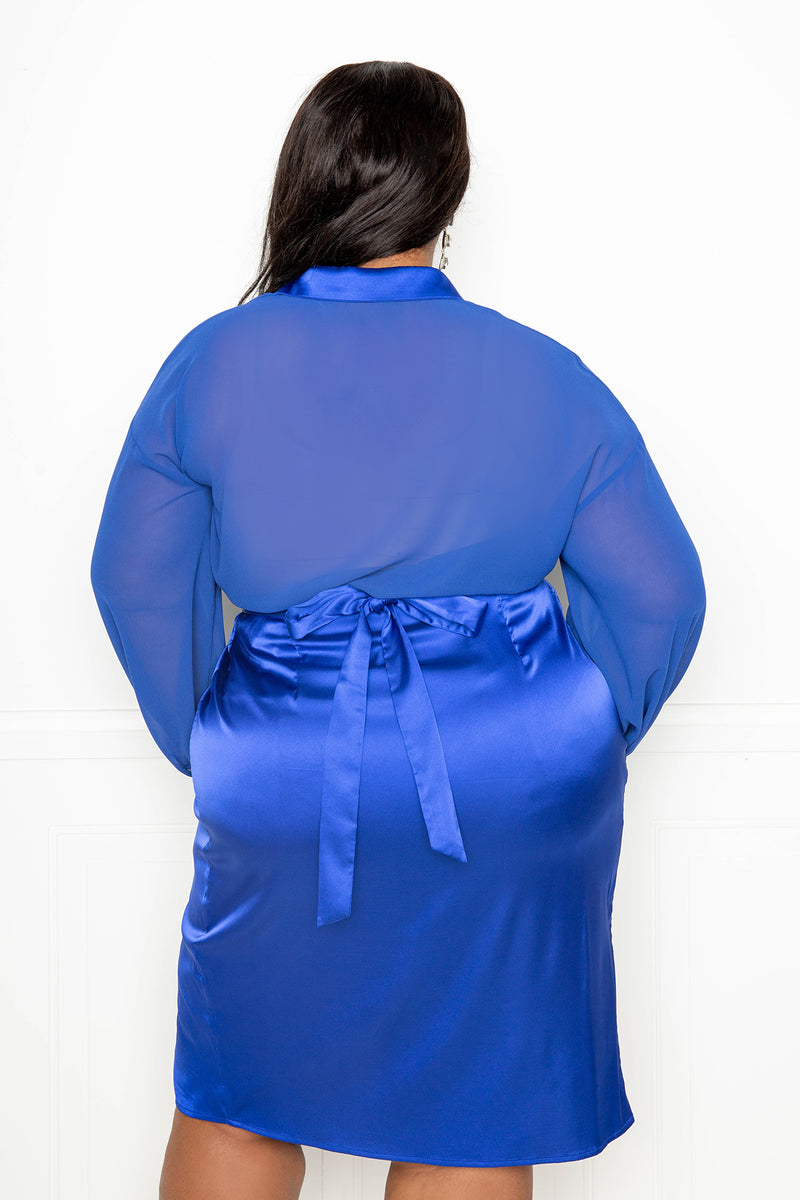 buxom couture curvy women plus size silky shirt and satin wrapped skirt set royal blue