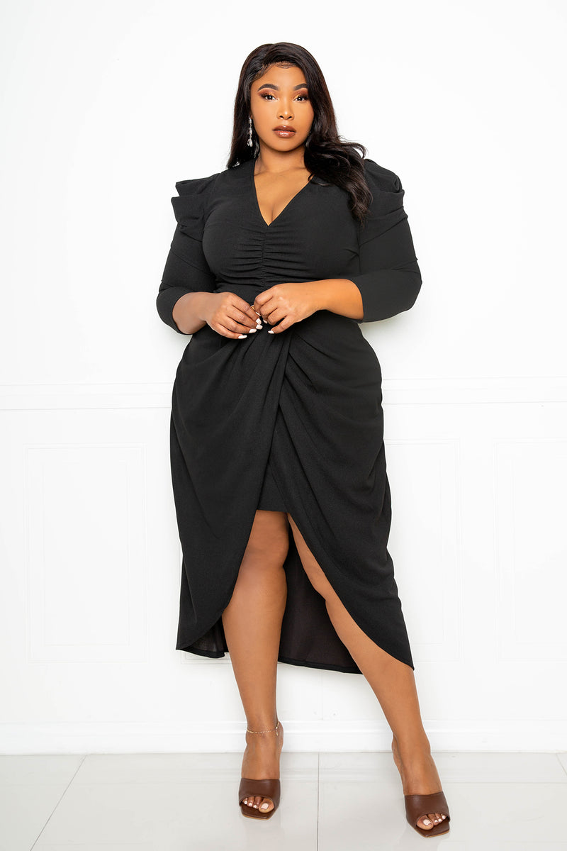 buxom couture curvy women plus size wrapped dress with shoulder accent black lbd