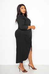 buxom couture curvy women plus size wrapped dress with shoulder accent black lbd
