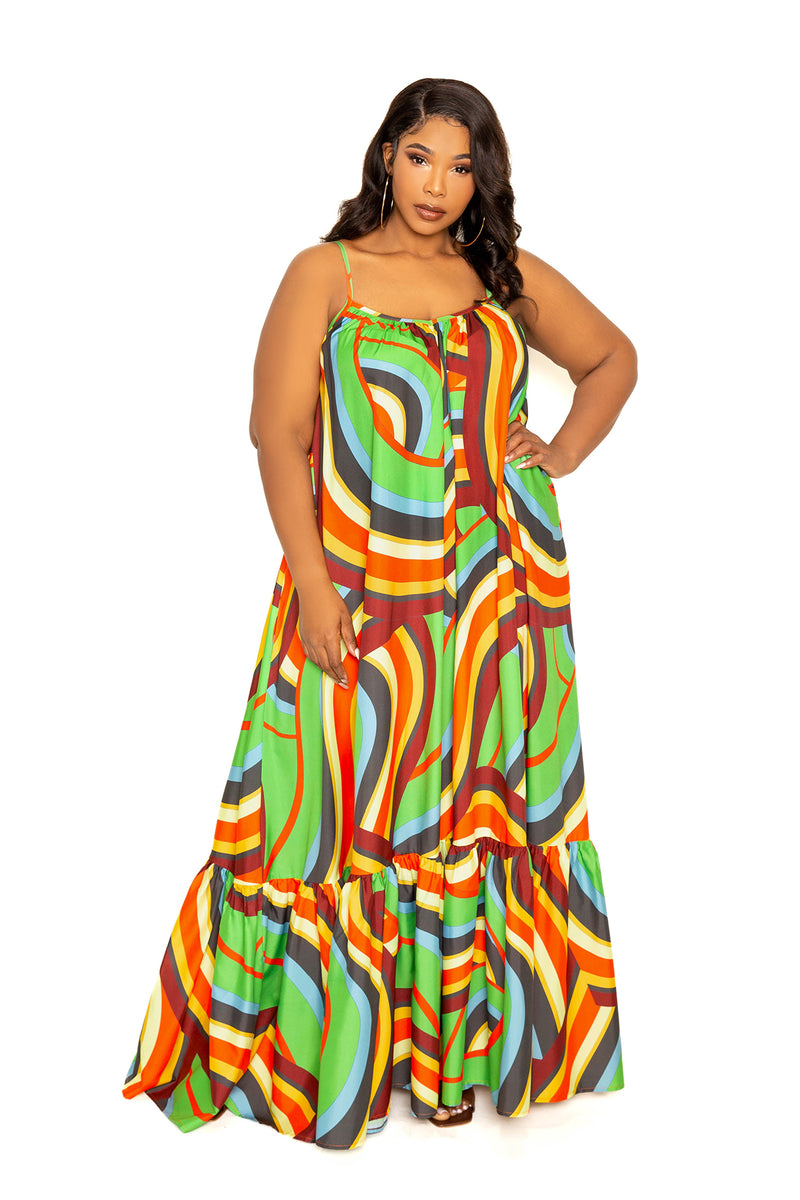 buxom couture curvy women plus size geometric print voluminous maxi dress resort summer