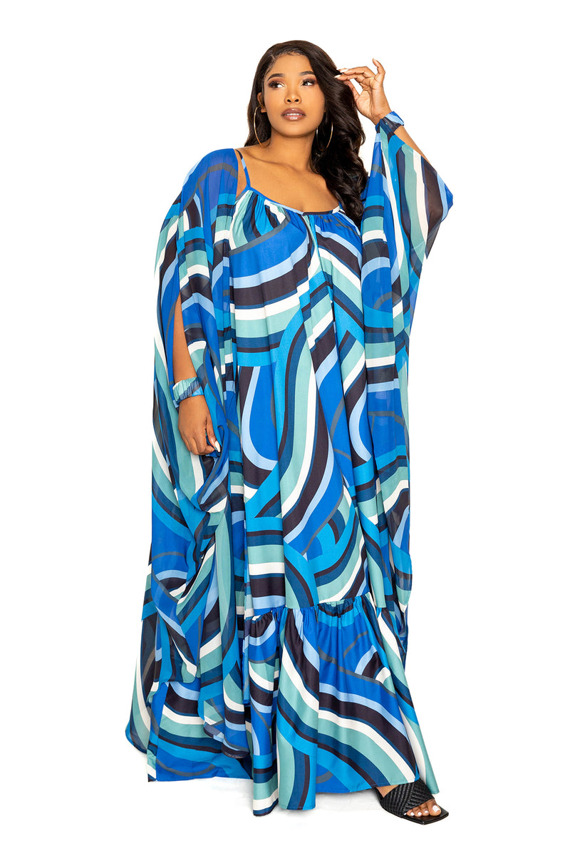 buxom couture curvy women plus size geo print robe with wrist band blue summer resort