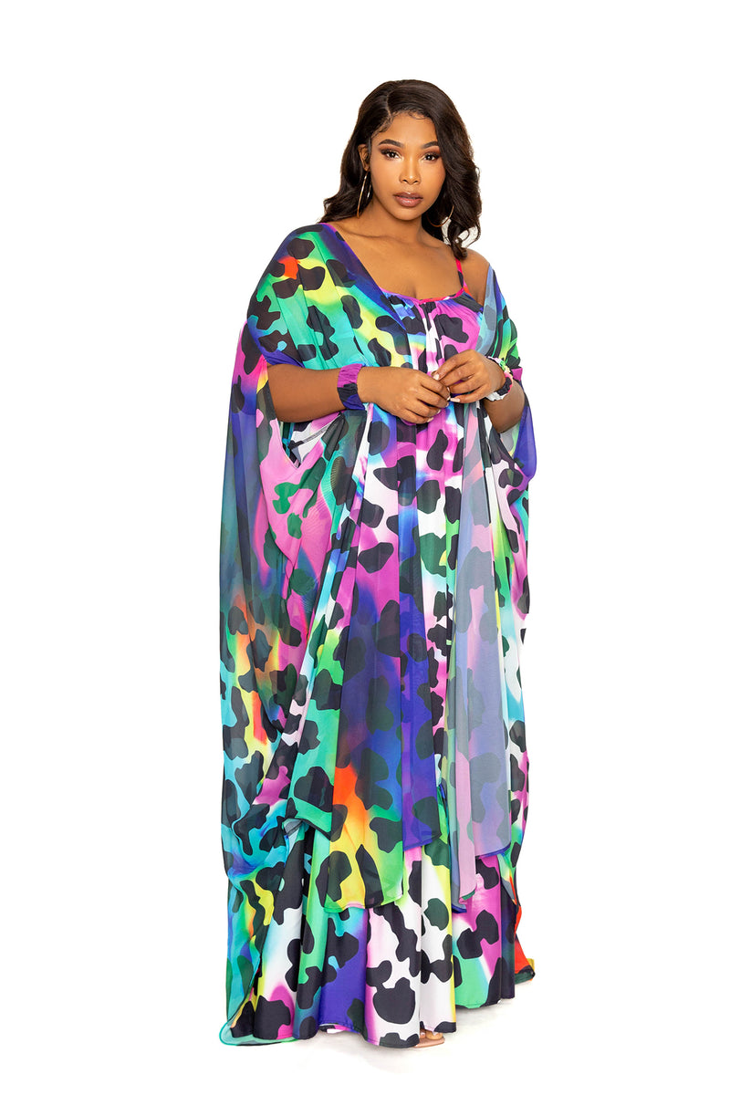 buxom couture curvy women plus size animal print robe with wrist band neon leopard summer resort