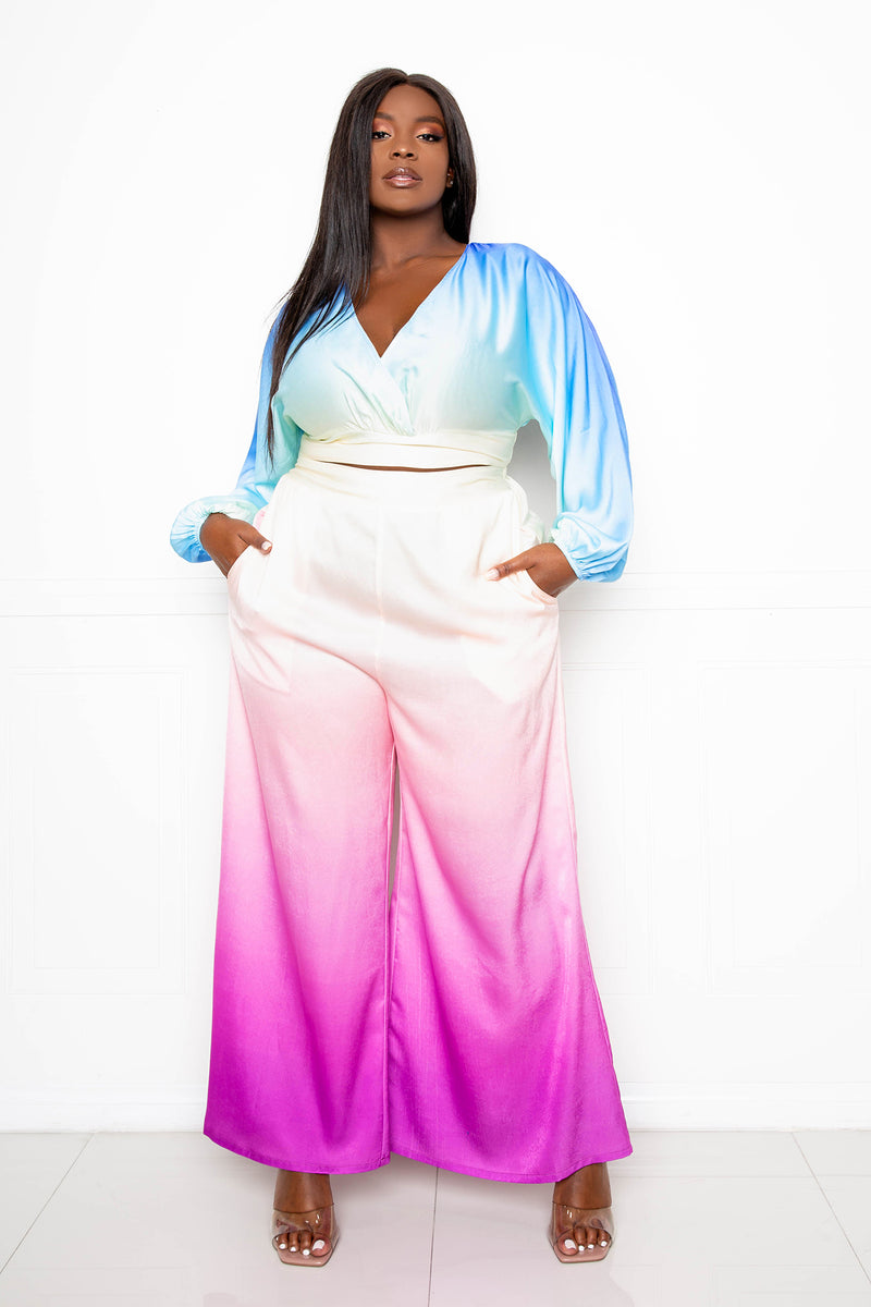 buxom couture curvy women plus size ombre wrapped top and wide pants set