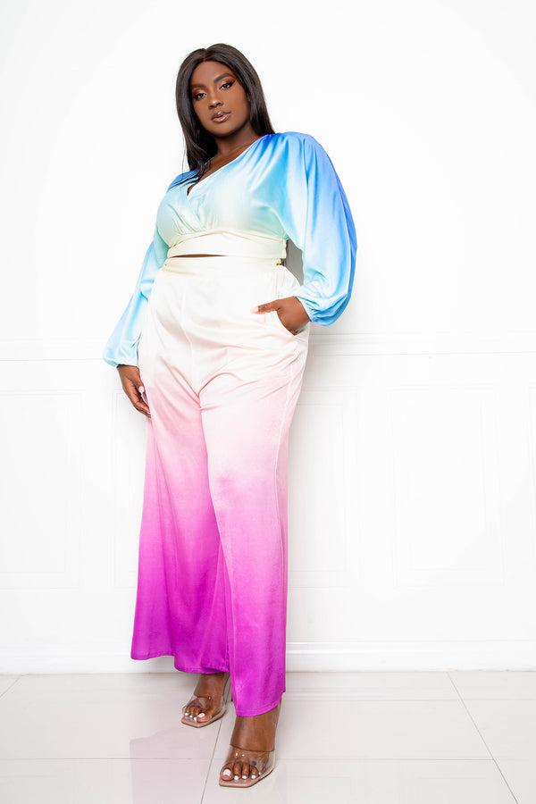 buxom couture curvy women plus size ombre wrapped top and wide pants set