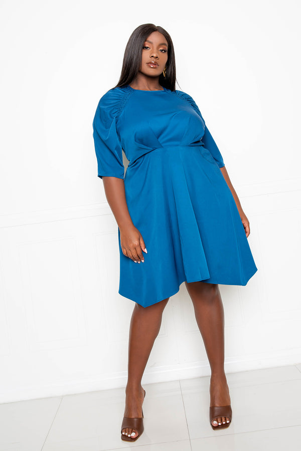 buxom couture curvy women plus size ruched sleeve mini dress teal blue