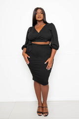 buxom couture curvy women plus size everyday cropped top and skirt matching set black