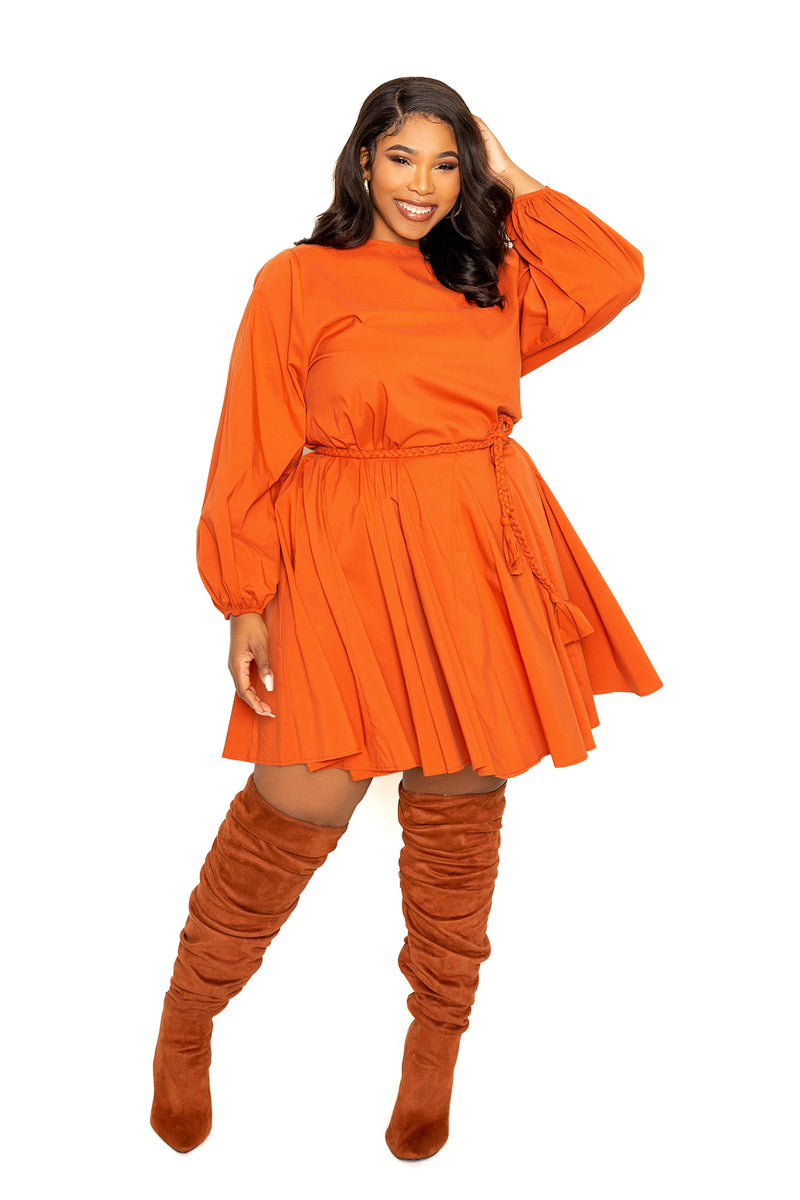 buxom couture curvy women plus size tie waist pleated mini dress rust orange