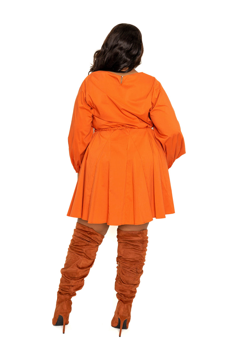 buxom couture curvy women plus size tie waist pleated mini dress rust orange