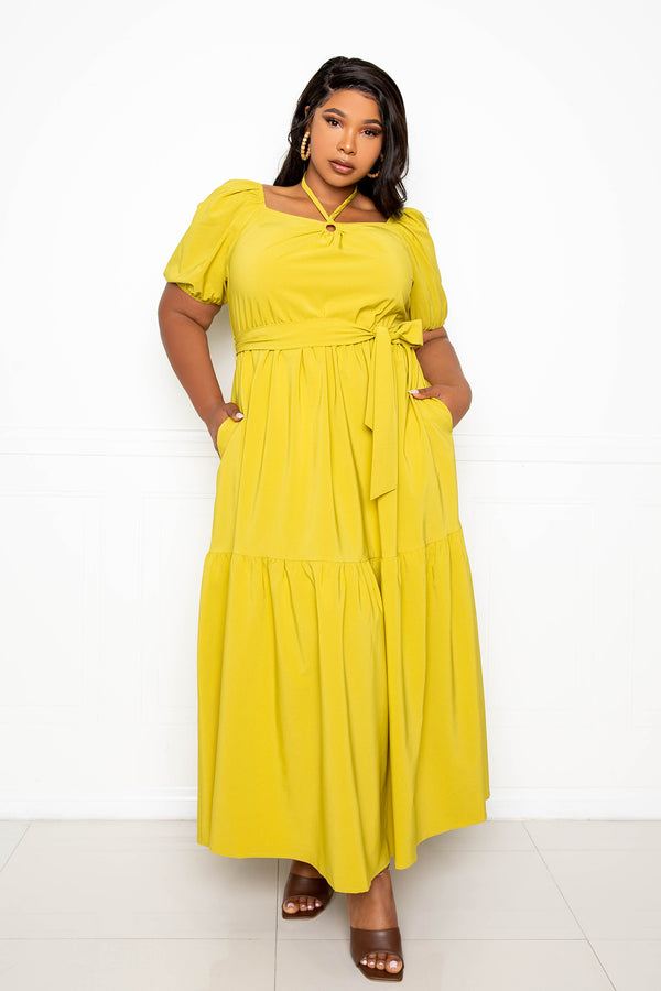 buxom couture curvy women plus size puffed sleeve tie neck maxi dress mustard