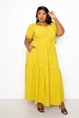 buxom couture curvy women plus size puffed sleeve tie neck maxi dress mustard